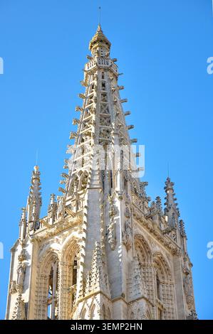 Ein detaillierter Blick auf einen der kunstvoll verzierten gotischen Türme der Kathedrale von Burgos mit komplizierten Steinschnitzereien, Spitzbögen und dekorativen Zinnen Stockfoto