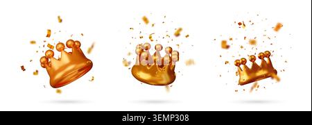 3D-Set goldene Kronen mit fallendem Konfetti. Stock Vektor