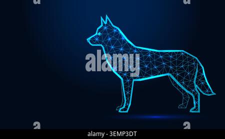 Niedriges Poly Drahtmodell Husky Hund stehendes Profil auf dunkelblauem Hintergrund. Stock Vektor