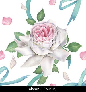 Blumenmuster in Aquarellfarben mit weißen Rosen und grünen Blättern, Schleifen und Bändern. Handgezeichnetes Design ist auf weißem Hintergrund isoliert. Für Stoffe und Stockfoto
