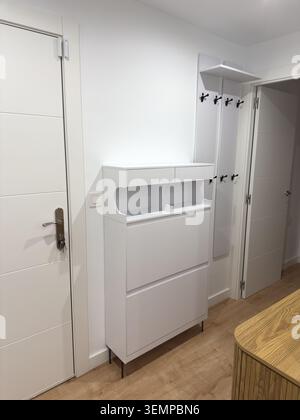 Moderner Flur mit geschlossenem weißem Schuhschrank, Kleiderhaken mit Regal, Haustür und Holzmöbeln Stockfoto