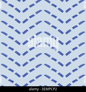 Zickzack-Linien mit Buntstift-Strich, blaues nahtloses Muster. Kreide-Freihandmuster mit unebenem Streifenmuster. Abstraktes Meereswellen-Ornament bg. Handgezeichnete Linienstruktur. Stock Vektor
