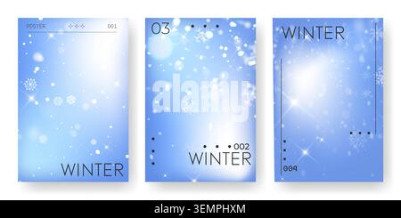 Elegante Winterposter mit Schneeflocken auf blauem Hintergrund. Vektor-realistische Illustration abstrakter fallender Eiskristalle, weiche, verschwommene Hintergrundtextur, saisonale Begrüßungsbanner Stock Vektor