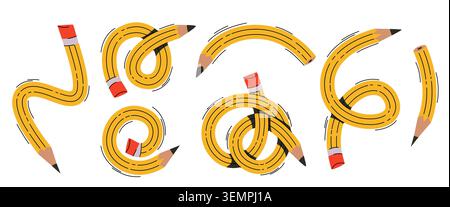 Niedliche verdrehte Schulstifte, Vektorsatz von Illustrationen isoliert auf weißem Hintergrund. Yellowl flexible Schreibwarensymbole mit Kurvenformen für Bildungsprojekte für Kinder, Comic-Art-Design-Elemente Stock Vektor