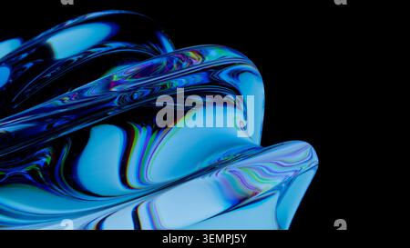 Glas organische Form Blau schillernd Makrochromatische Dispersion Schwarzer Hintergrund 3D-Rendering Stockfoto