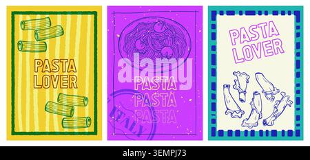 Buntes Poster für Pasta-Liebhaber. Vektor-Illustration von Vintage-Bannern mit traditionellen italienischen Spaghetti, nationale Küche Menü in bunten Rahmen auf kreativen abstrakten Hintergründen, Vintage Banner Stock Vektor