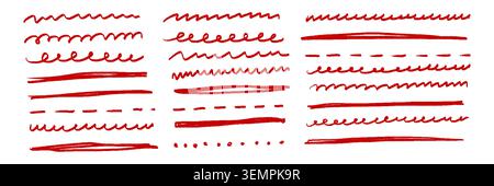 Rote Linie unterstreichen den Pinselstrich des Buntstifts. Handgeschriebenes Hervorheben Kritzelskizze Scribble Unterstreichungsset. Buntstift-Kontur handgezeichnet rot Farbe Text Hervorhebung Form. Vektorabbildung Stock Vektor