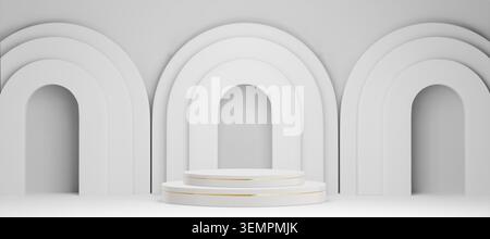 Weißes 3D-Podium mit elegantem Bogenhintergrund, realistischem Vektorhintergrund. Minimalistische Präsentationsplattform für luxuriöse Präsentationen in sauberen Studioräumen, weiche Schatten. Leerer Sockel mit goldener Linie Stock Vektor
