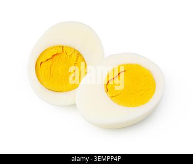 Hart gekochte Eierhälften mit hellgelbem Eigelb zum Frühstück Stockfoto