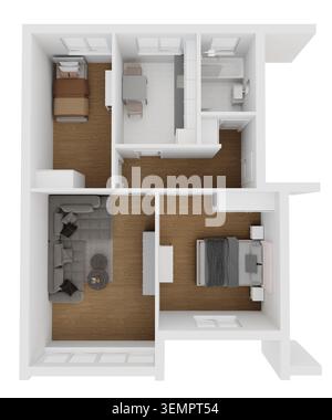 Blick von oben auf das Apartment oder die Grundrisse des Hauses. Es umfasst drei Zimmer und einen Wohnbereich. Das Layout bietet freie Räume für Möbel und Wege. Die Zimmer sind Stockfoto