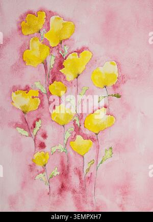 Aquarell von goldenen Butterblumen mit rosa rotem Hintergrund. Die Dabbing-Technik sorgt aufgrund der veränderten Oberflächenrauhigkeit des für einen weichen Fokus Stockfoto