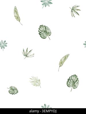 Aquarellpalme hinterlässt nahtloses Muster, handbotanische Malerei. Dschungel-Hintergrund, Monstera, Areca-Palme und Bananenblatt. Tropische grüne Pflanze für Stockfoto