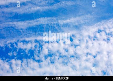Wunderschöne gewellte und zirrusförmige Wolken in einem blauen Himmel vor Regen. Folk Omen Stockfoto