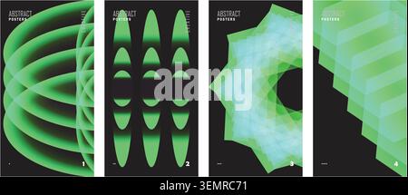 Abstrakte futuristische Posterschablone mit neongrünen, leuchtenden geometrischen Formen auf Schwarz. Stock Vektor