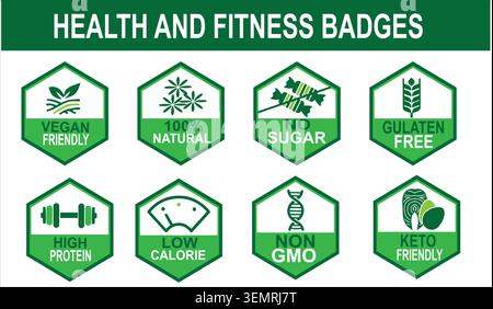 Gesundheit Fitness-Abzeichen Pack | Vegan Keto Glutenfrei Non GMO kalorienfrei kein Protein kein Zucker Icons Set | Bio Food Packaging Label Vektor Grafiken Stock Vektor