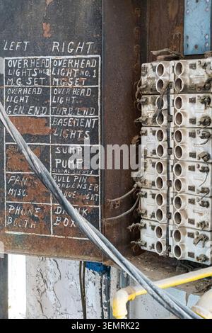 Historische industrielle elektrische Kabelanschlüsse und Steueranschlüsse sind im Sloss Furnaces National Historic Landmark in Birmingham, Alabama, erhalten. Stockfoto