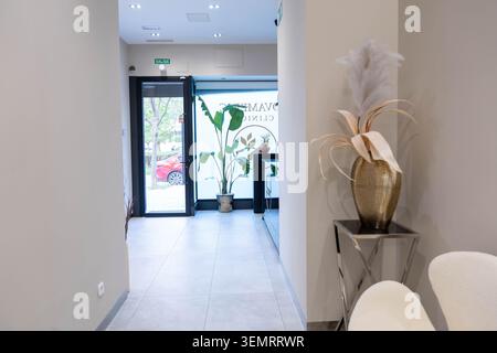 Die Eingangshalle der Klinik ist modern gestaltet und verfügt über einen Rezeptionstresen und dekorative Pflanzen Stockfoto