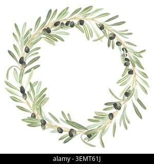 Aquarellillustration: Handgemalter Kranz aus Olivenzweigen mit grünen Blättern und schwarzen Oliven, isoliert. Mediterraner Küstenstil. Für Dekoraten Stockfoto