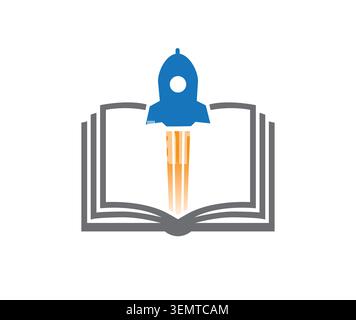 Ein kreatives Symbol, das ein Raketenschiff zeigt, das aus einem offenen Buch abhebt, das Bildung repräsentiert Stock Vektor