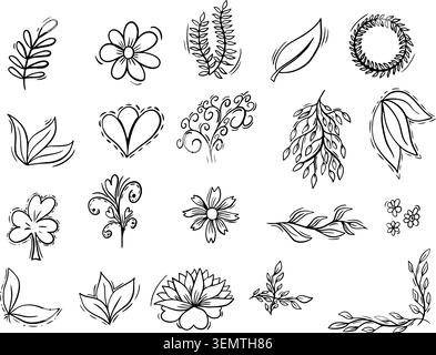 Handgezeichnete Blumen- und Naturkritzelelemente Set Blumen Blätter Herzkranz Lorbeer, schwarze Strichkunst Stock Vektor