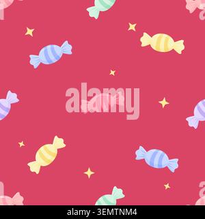 Niedlicher pastellfarbener nahtloser Hintergrund mit Bonbons und gelben Sternen. Vektor-Illustration auf magentarotem Hintergrund für Baby sh Stock Vektor