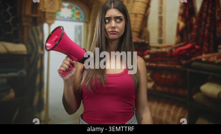 Frau mit rosafarbenem Megaphon, runzelnd mit erhobener Hand und ernstem Ausdruck im Studio; Frustration Protest. Stockfoto