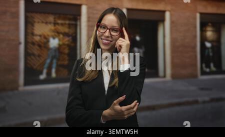 Frau in schwarzem Blazer und roter Brille zeigt mit dem Finger auf den Tempel vor einem Backsteinhaus auf einer Straße in der Stadt; Vertrauen. Stockfoto