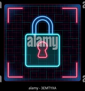 Vorhängeschloss-Symbol, Sicherheits- und Schutzsymbol. Futuristische Icon-Kollektion in Cyber-Neon, bearbeitbare Konturen im grafischen Stil. Stock Vektor