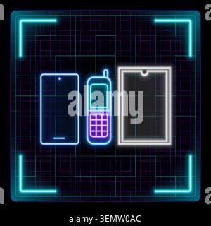 Symbole für Smartphones, Mobiltelefone. Leuchtendes Neonsymbol mit Rasterumrandung und bearbeitbarer Kontur. Stock Vektor