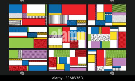 Helle Komposition im Memphis-Stil mit lebendigen Blöcken und verspielten geometrischen Linien in einem modernen Retro-Layout. Perfekt für unterhaltsame, kreative und dynamische Designprojekte. Stock Vektor