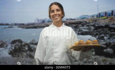 Die Chefin hält ein hölzernes Tablett mit Muffins und zeigt den Finger auf die Kamera auf der Straße an der felsigen Küste mit sichtbarem Pier; freundliche Gastfreundschaft. Stockfoto