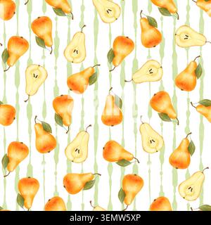 Hand gezeichnetes nahtloses Muster mit gelben Birnen und Streifen Frucht Illustration Stockfoto