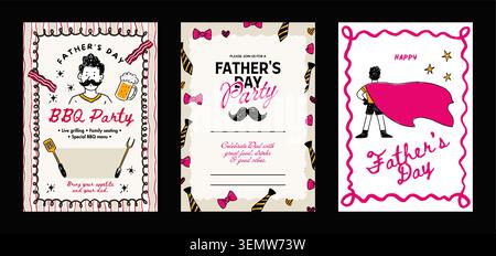 Vatertag skurrile Doodle Instagram Post Set BBQ Party Einladung Collection Vater Vektor Stock Vektor