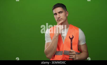 Mann Ingenieur junger hispanic in orangefarbener Sicherheitsweste mit Hand am Kinn im Studio vor grünem Hintergrund; durchdachte Planung. Stockfoto