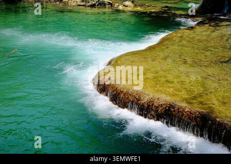 Türkisfarbenes Wasser, Das Über Kalksteinschelf Fließt (Tamasopo, San Luis Potosi, Mexiko) Stockfoto