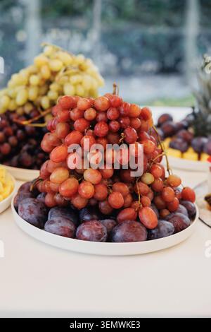 Reife rote Trauben stapeln sich hoch auf einem weißen Teller. Pralle lila Pflaumen schmiegen sich an der Basis. Gelbe Trauben stapeln sich sanft hinter dem Haupthaufen. Frisches Obst Stockfoto