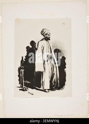 Stehender Türke von Nicolas Toussaint Charlet, 1828, zeigt einen bärtigen Mann in osmanischem Kleid mit gewickeltem Turban und langem Gewand, begleitet von zwei Kindern in Silhouette Stockfoto