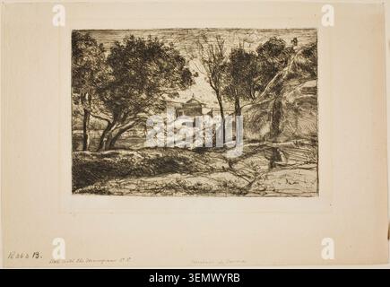 Souvenir of Tuscany von Jean Baptiste Camille Corot, um 1845, mit einer bewaldeten Landschaft mit klassischen Tempelruinen, die durch Bäume und Figuren an einem Bach erblickt werden Stockfoto