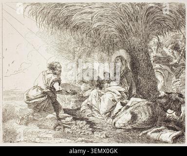 Joseph verehrt das Kind, während zwei Engel singen, Platte 19 aus dem Flug nach Ägypten von Giovanni Domenico Tiepolo, 1752, veröffentlicht 1753, die heilige Familie unter einem Baum mit Engeln über und Zuschauern darstellt Stockfoto
