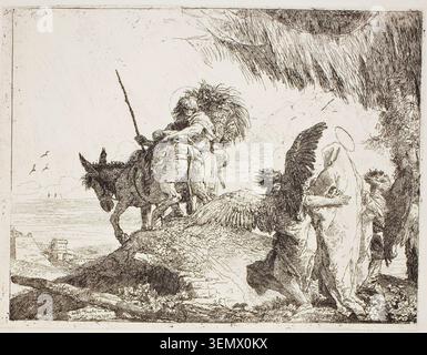 Maria, unterstützt von zwei Engeln, folgt Joseph von Giovanni Domenico Tiepolo, 1753, und zeigt die Reise der Heiligen Familie nach Ägypten mit begleitenden Engeln, die Maria durch eine felsige Landschaft führen Stockfoto