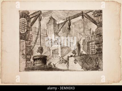 Der Brunnen, Platte 13 aus imaginären Gefängnissen von Giovanni Battista Piranesi, um 1750, zeigt eine riesige unterirdische Kammer mit klassischer Architektur, hängenden Ketten und Figuren, die durch einen monumentalen Gefängniskomplex navigieren Stockfoto