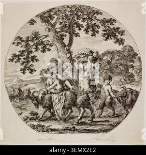 Satyr Family Walking by Stefano della Bella, ca. 1657, mit mythologischen Satyren und Cherubs, die unter einem großen Baum in einer bewaldeten Landschaft Früchte sammeln Stockfoto