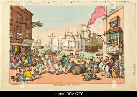 Portsmouth Point von Thomas Rowlandson, 1814, zeigt eine geschäftige Hafenszene mit Seeleuten, Händlern und Stadtbewohnern inmitten von vertäuten Segelschiffen und Gebäuden am Wasser Stockfoto