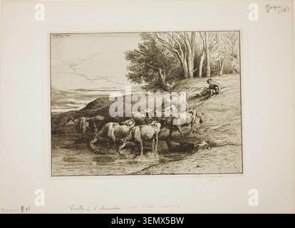 Kühe am Bewässerungsplatz von Charles Emile Jacque, 1850, die eine Rinderherde darstellen, die aus einem flachen Bach am bewaldeten Ufer trinkt Stockfoto