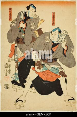 Schauspieler wie Hotei Ichiemon und Gokuin Chiemon von Utagawa Kuniyoshi, ca. 1847–52, die zwei Kabuki-Darsteller in dynamischen Posen in historischen Kostümen darstellen Stockfoto