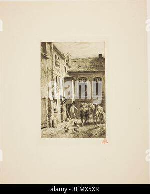 Pariser Innenhof von Charles Emile Jacque, 1865, zeigt einen kopfsteingepflasterten Innenhof mit Figuren, Pferden und Hühnern in der Nähe historischer Backsteinbauten Stockfoto