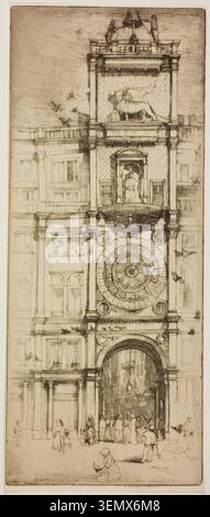 The Clock Tower, Venice von Donald Shaw MacLaughlan, 1909, zeigt einen verzierten venezianischen Glockenturm mit aufwendigen architektonischen Details, einem großen Zifferblatt und Figuren auf Straßenhöhe Stockfoto
