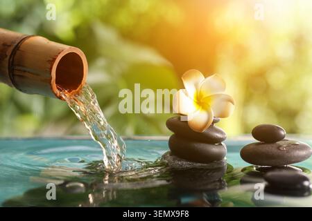 Entspannung im Zen Spa mit Bambuswasser, Plumeria-Blüten und Basaltsteinen in ruhiger Umgebung im Freien Stockfoto