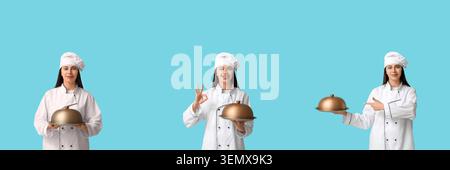 Die Chefin in weißer Uniform hält goldene Cloche und macht OK-Geste auf blauem Hintergrund. Sie macht eine OK-Geste, die Qualität und Zufriedenheit anzeigt Stockfoto