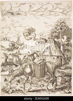 Der Esel Laden mit Essen von Adriaen Pietersz. Van de Venne, 1633, zeigt einen Esel mit Proviant, der lieber Disteln auf einem Bauernhof isst Stockfoto